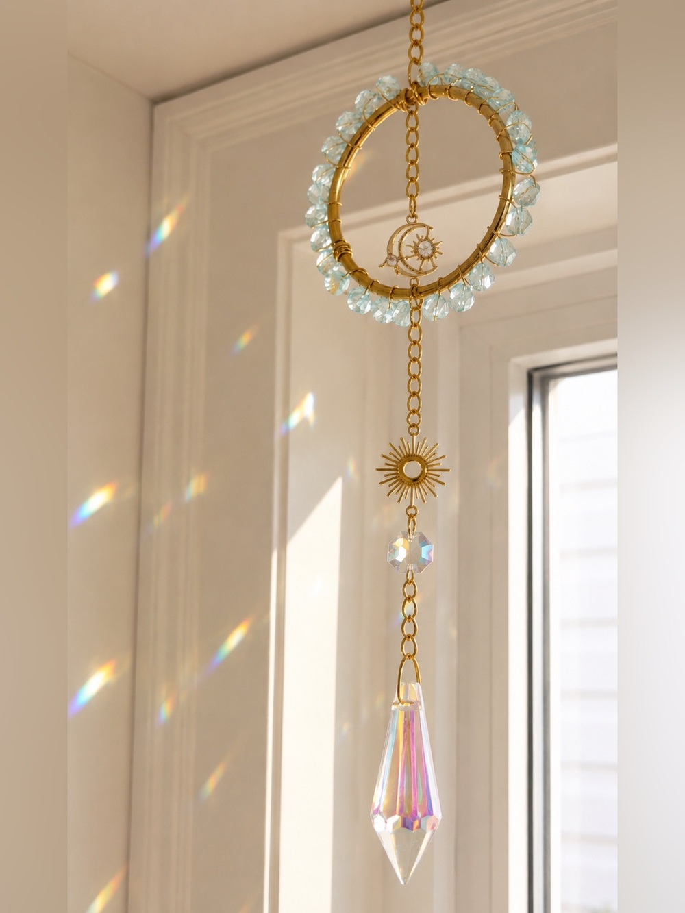 Gold & Crystal Sunburst Suncatcher with Aqua Beaded Halo